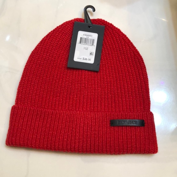 DKNY Ribbed Knit Cuffed Beanie Hat Color Scarlet Red Logo Accent OS NWT - Picture 2 of 15